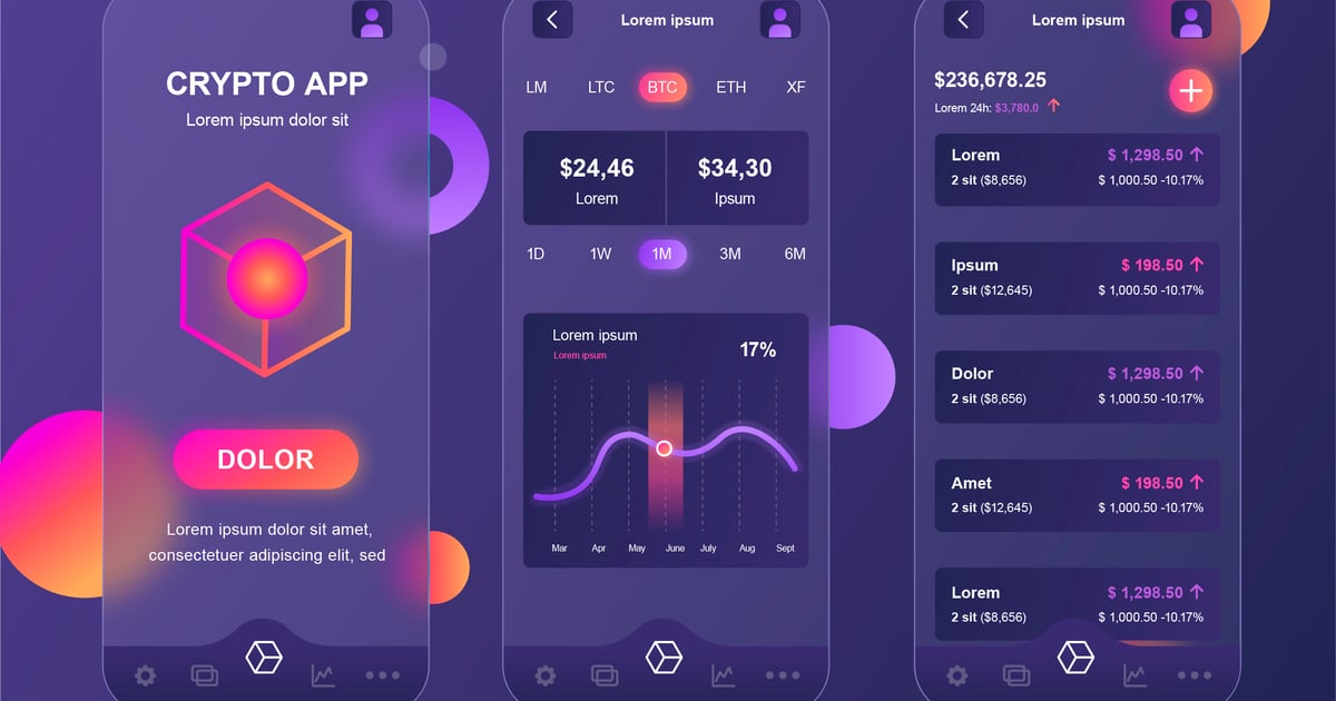 加密货币 Glassmorphic 移动应用 UI 套件