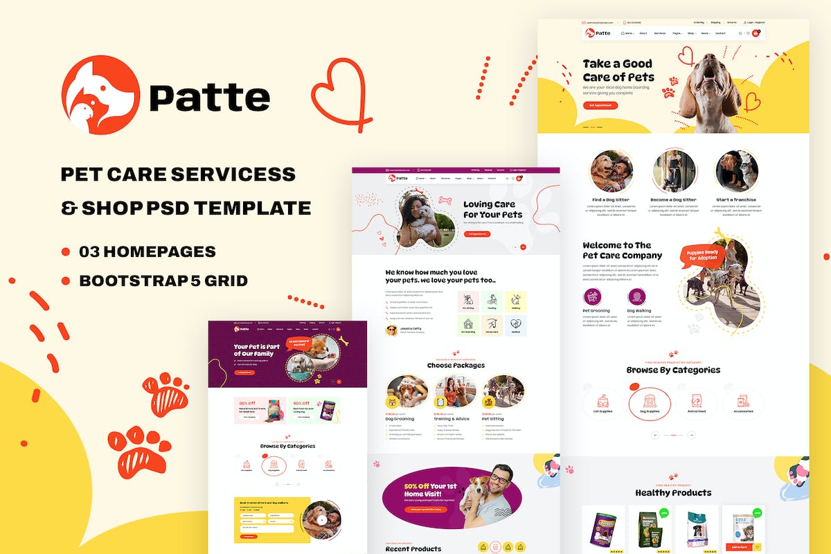 Patte | 宠物护理服务 PSD 模板