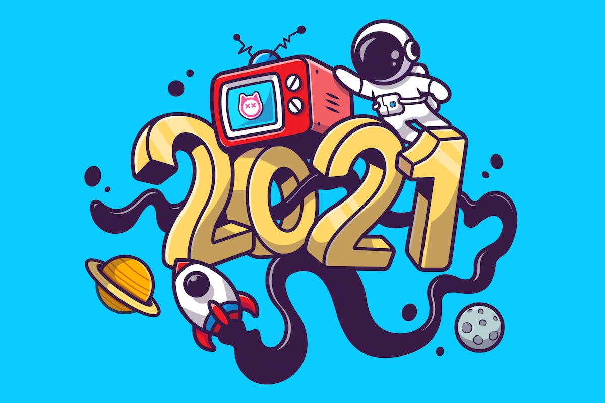 2021 年新年太空卡通中的可爱宇航员