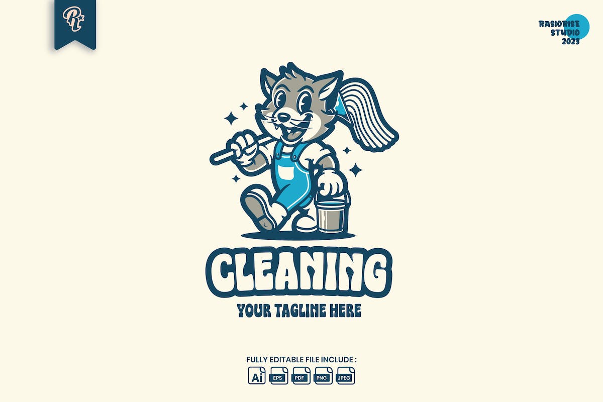 猫复古清洁服务卡通标志