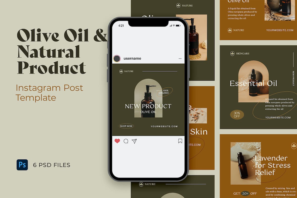 橄榄油和天然产品 Instagram 帖子模板