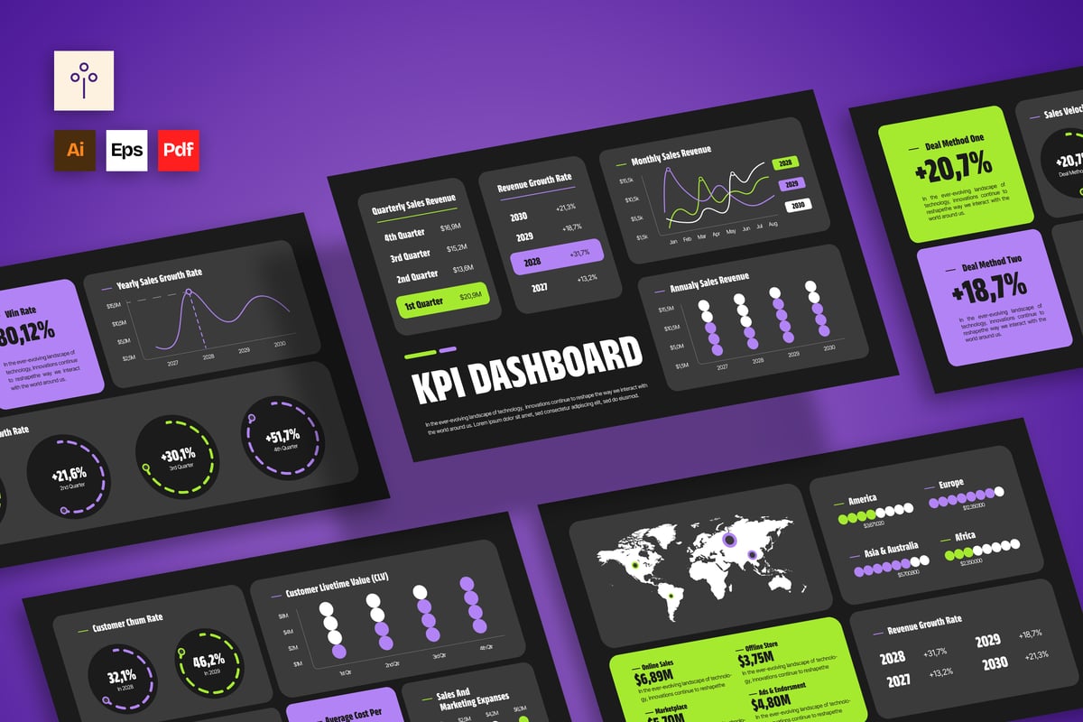 黑紫色现代 KPI 仪表板信息图表 003