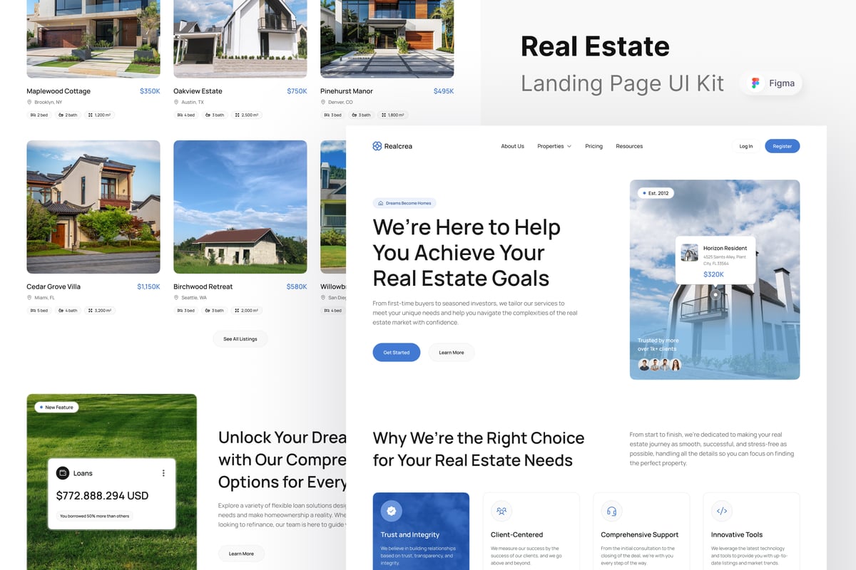房地产网站登陆页面UI设计模板 Realcrea - Real Estate Landing Page