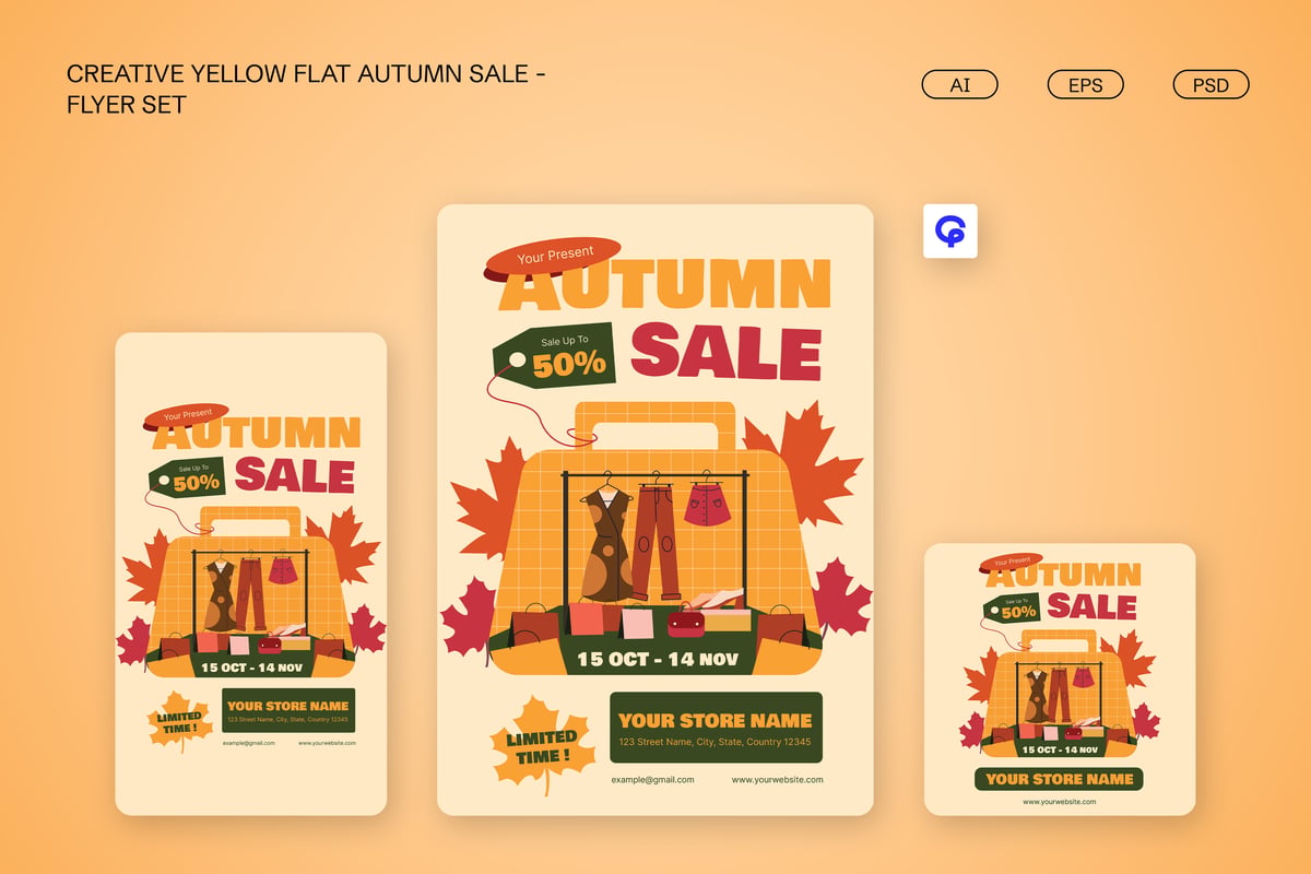 创意黄色扁平秋季服装促销海报传单套装 Creative Yellow Flat Autumn Sale Flyer Set 004