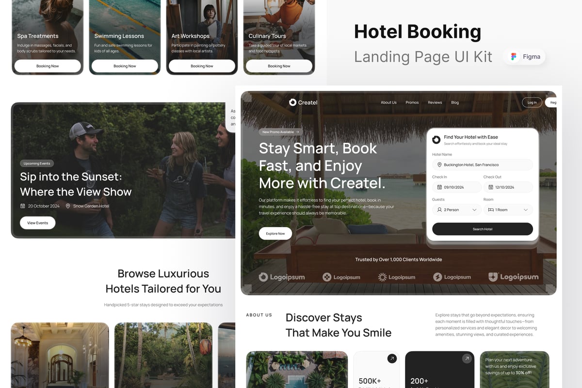 酒店预订网站登陆页面UI设计模板 Createl - Hotel Booking Landing Page