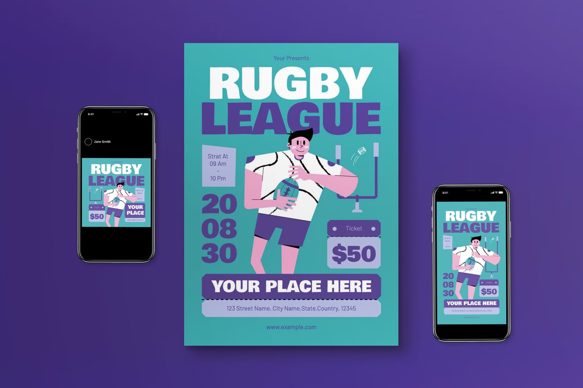 蓝色平面设计橄榄球联盟海报传单 Blue Flat Design Rugby League Flyer Set