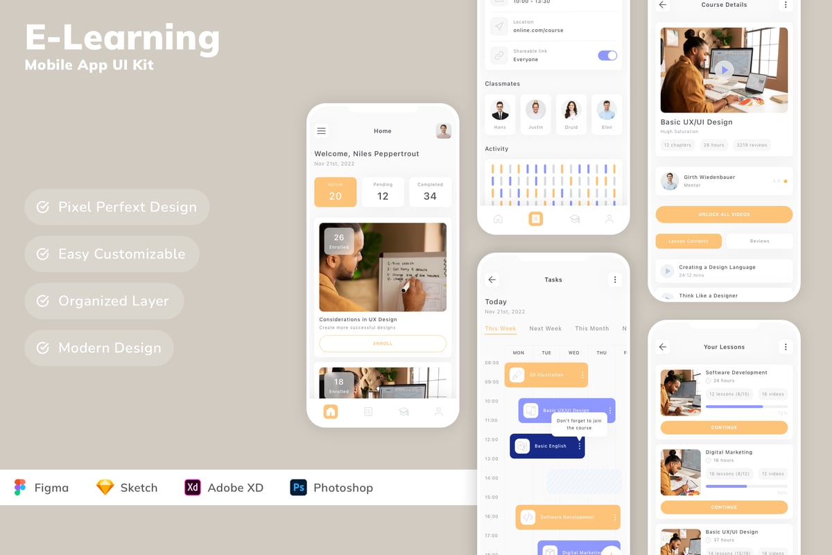 在线学习移动应用 APP UI KIT (SKETCH,FIG,XD,PSD)