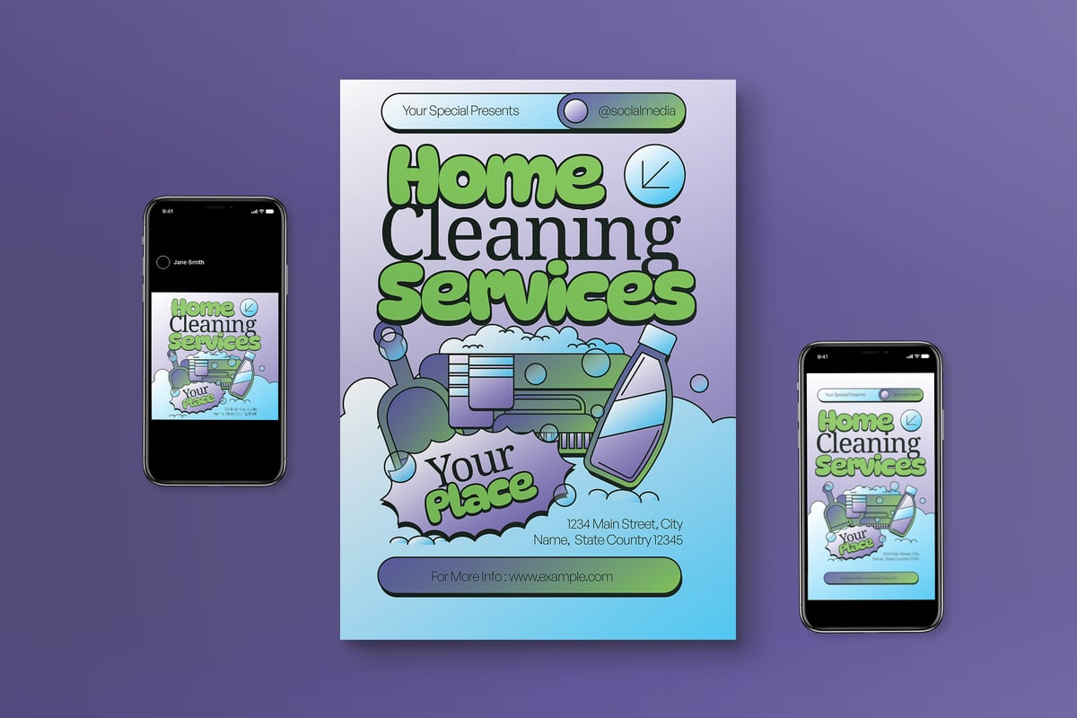 紫绿色 Y2K 家庭清洁服务海报传单套装 Purple Green Y2K Home Cleaning Service Flyer Set