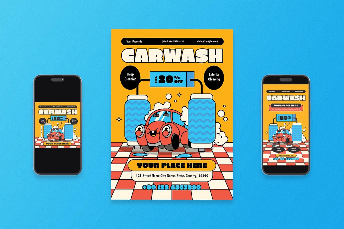 黄色复古洗车传单海报 Yellow Retro Car Wash Flyer Set