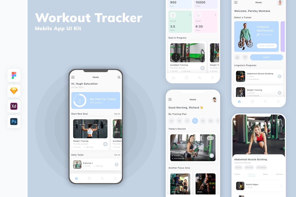 锻炼追踪器移动应用 APP UI KIT (SKETCH,FIG,XD,PSD)