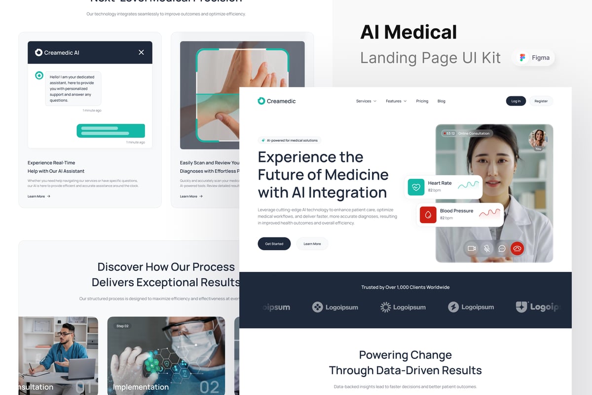 人工智能医疗网站登陆页面UI设计模板 Creamedic - AI Medical Landing Page