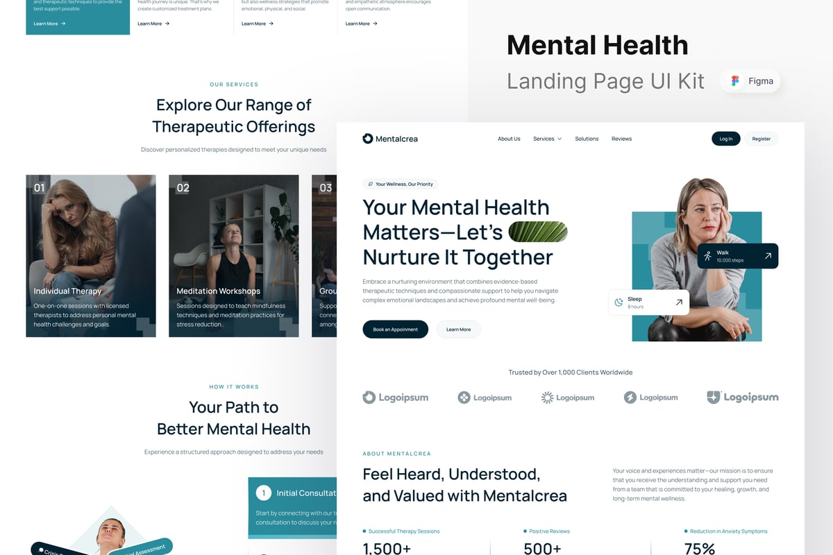 心理健康网站登陆页面UI设计模板 Mentalcrea - Mental Health Landing Page