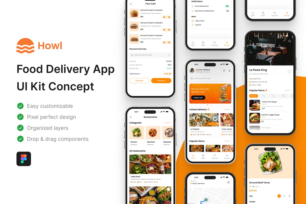 食品外卖送餐应用 UI 套件 Howl - Food Delivery App UI Kit