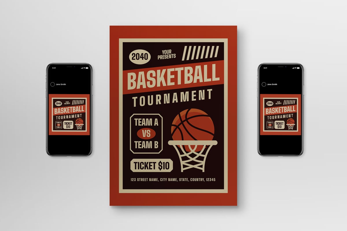 复古平篮球锦标赛海报 Retro Flat Basketball Tournament Flyer