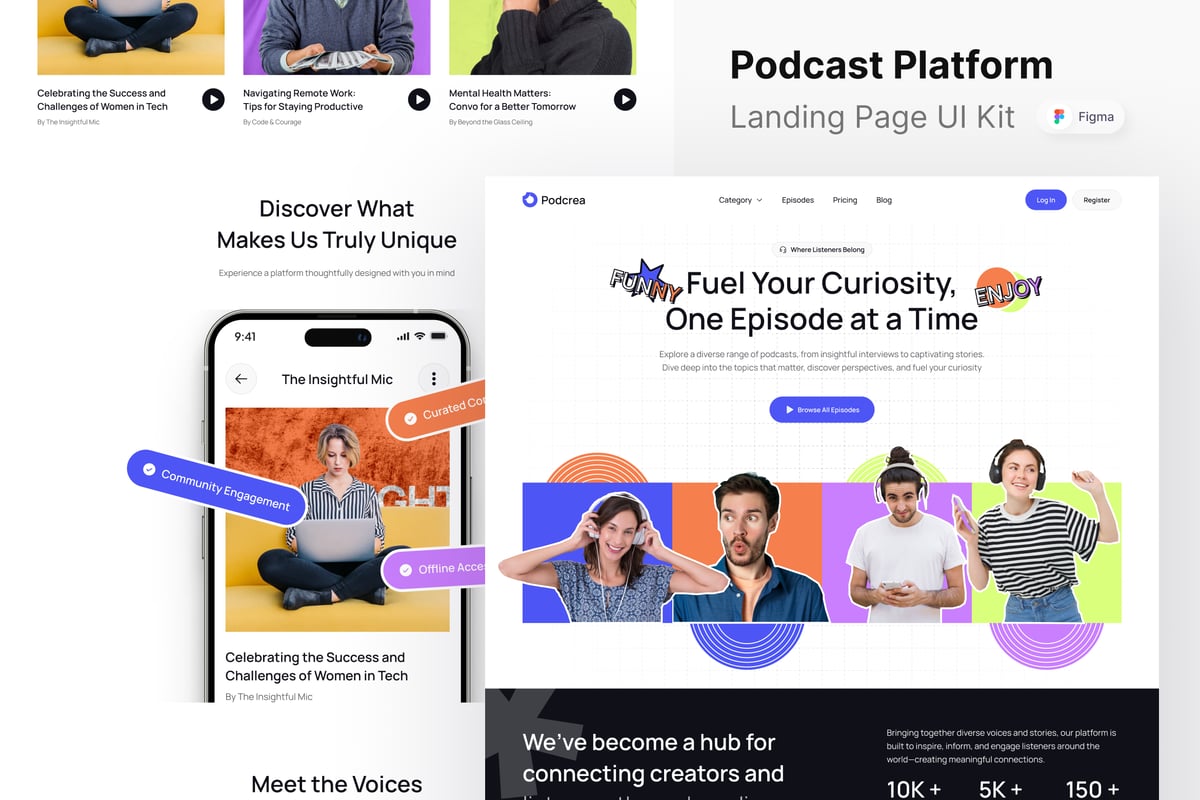 播客平台网站登陆页面UI设计模板 Podcrea - Podcast Platform Landing Page