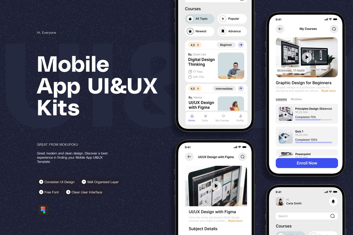 课程教育移动应用 UI UX设计套件 Lesson Education - Mobile App UI&UX