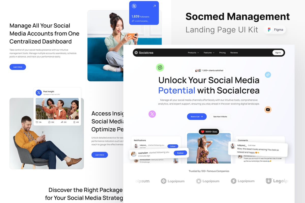 社交管理网站登陆页面UI设计模板 Socialcrea - Socmed Management Landing Page
