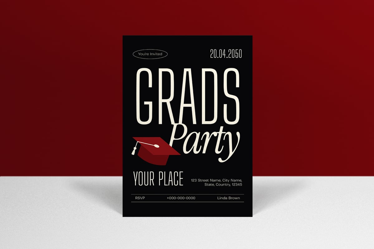 黑色干净现代毕业聚会请柬模板 Black Clean Modern Graduation Party Invitation