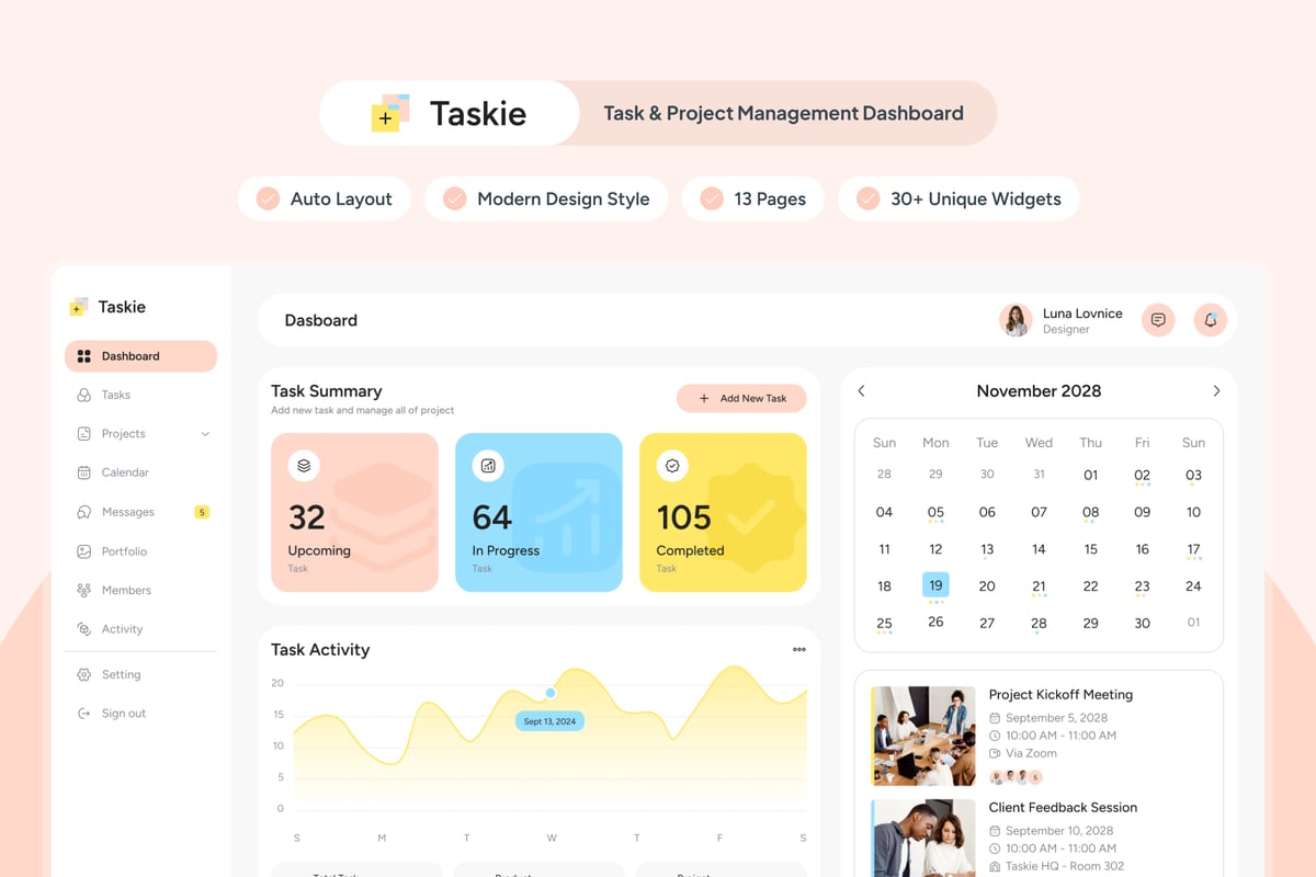 任务和项目管理仪表板UI套件 Taskie - Task & Project Management Dashboard