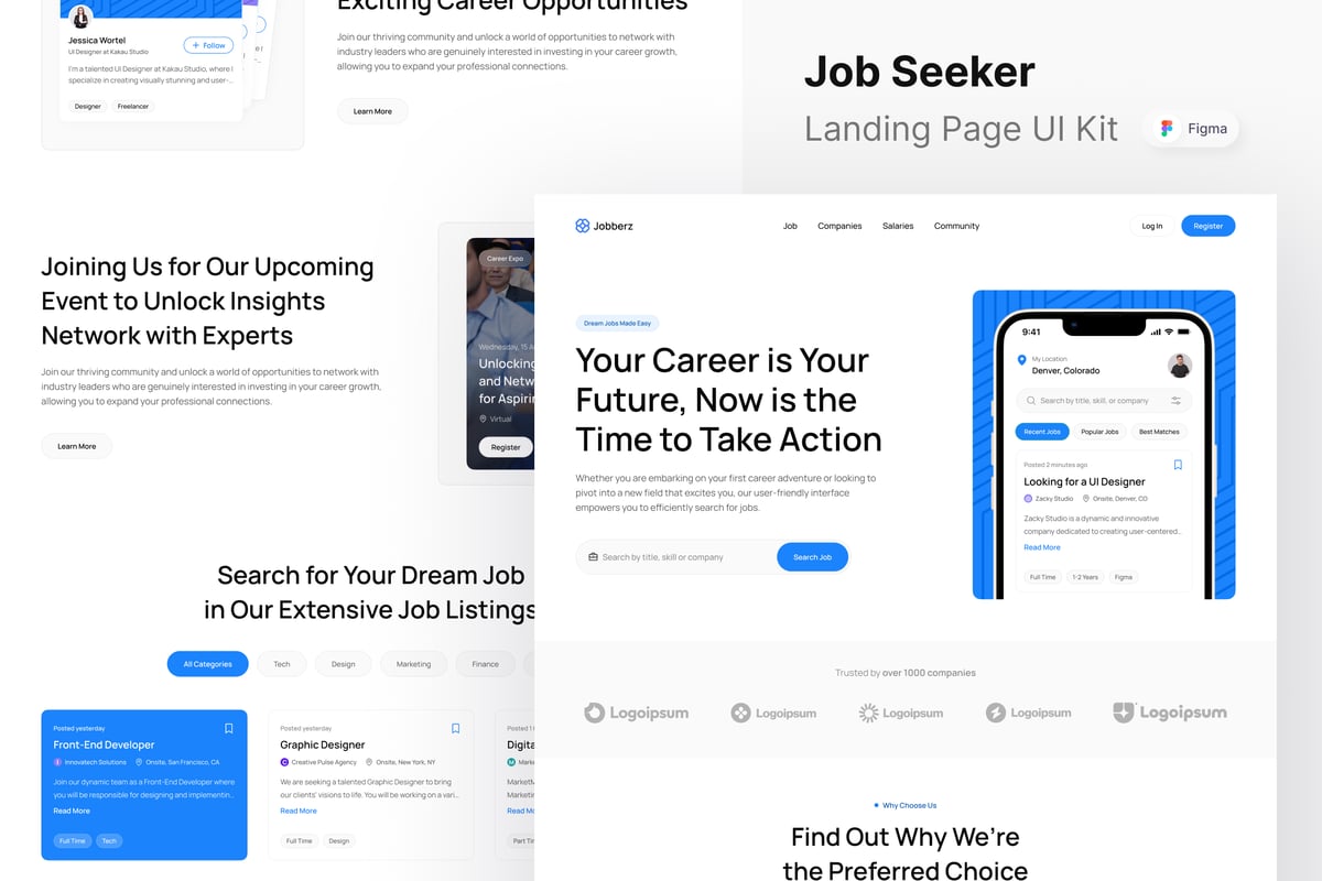 求职者网站登陆页面UI设计模板 Jobberz - Job Seeker Landing Page