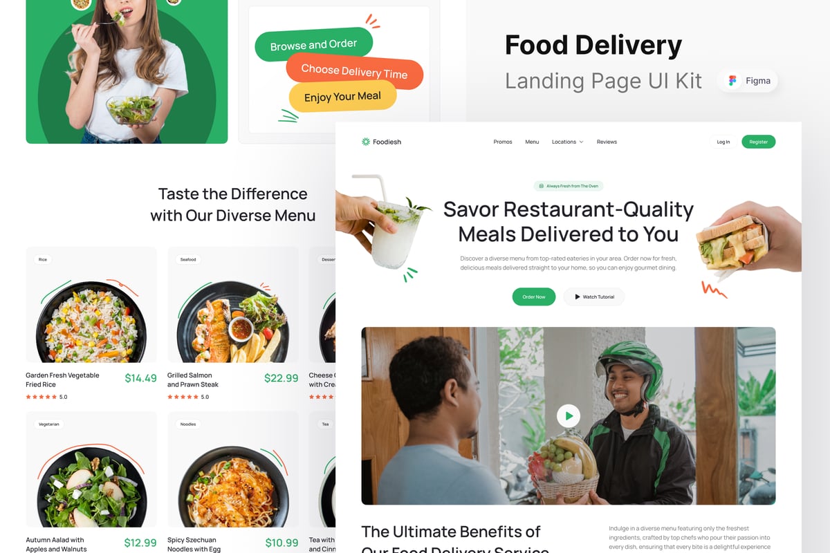 食品配送网站登陆页面UI设计模板 Foodiesh - Food Delivery Landing Page