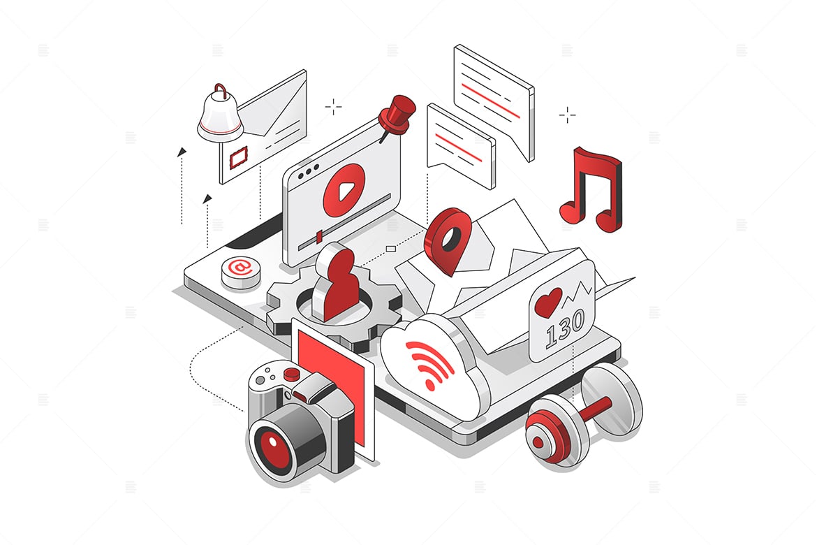 智能手机应用社交媒体等距插图 Smartphone Applications, Social Media Illustration