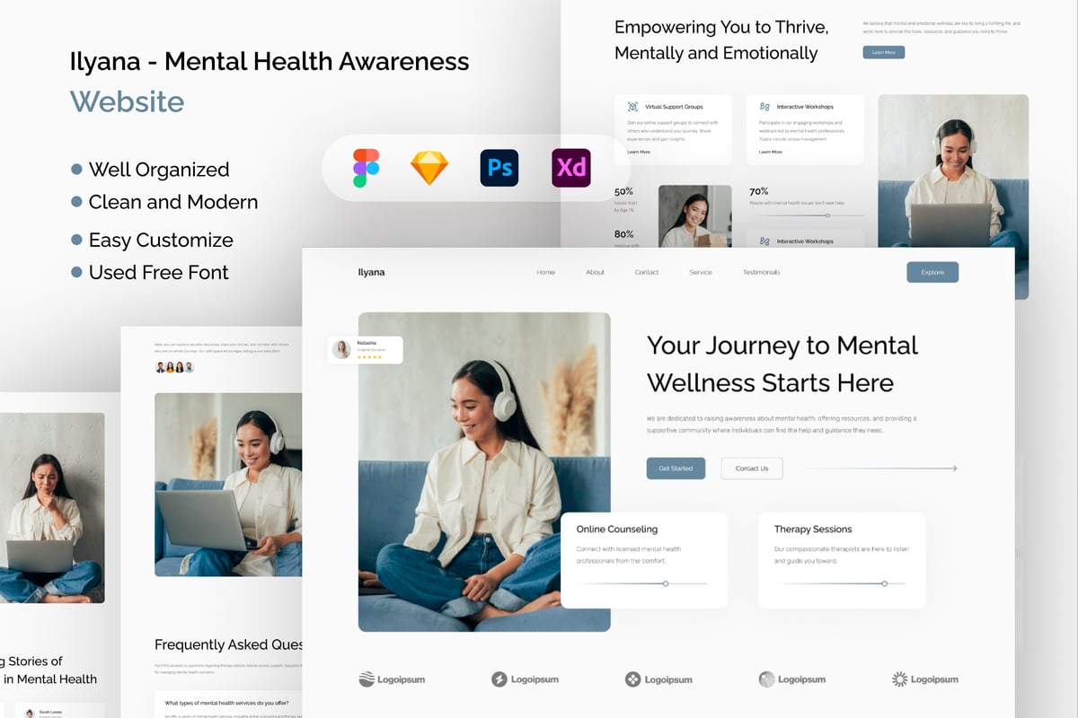 心理健康意识网站页面UI设计模板 Ilyana - Mental Health Awareness Website