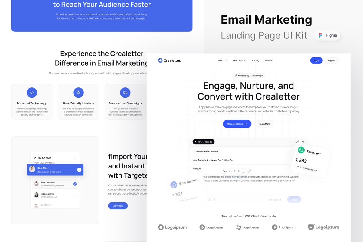 电子邮件营销网站登陆页面UI设计模板 Crealetter - Email Marketing Landing Page