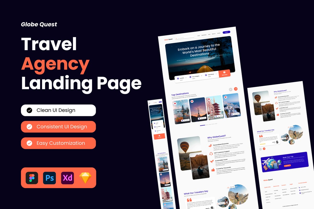 旅行社登陆页面网站设计UI模板 Globe Quest - Travel Agency Landing Page