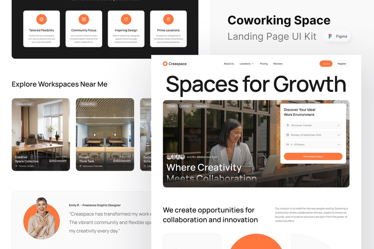 联合办公空间网站登陆页面UI设计模板 Creaspace - Coworking Space Landing Page