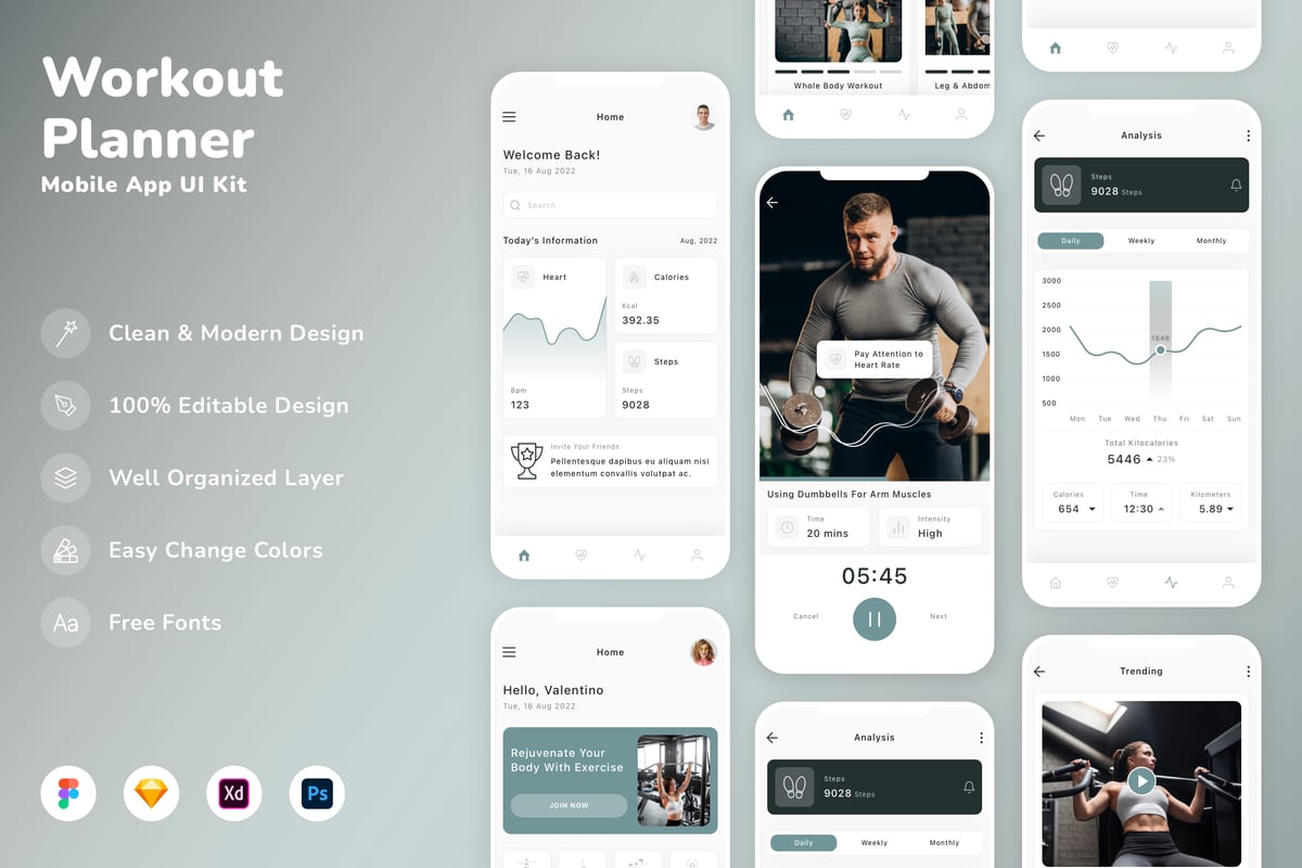 锻炼计划移动应用 APP UI KIT (SKETCH,FIG,XD,PSD)