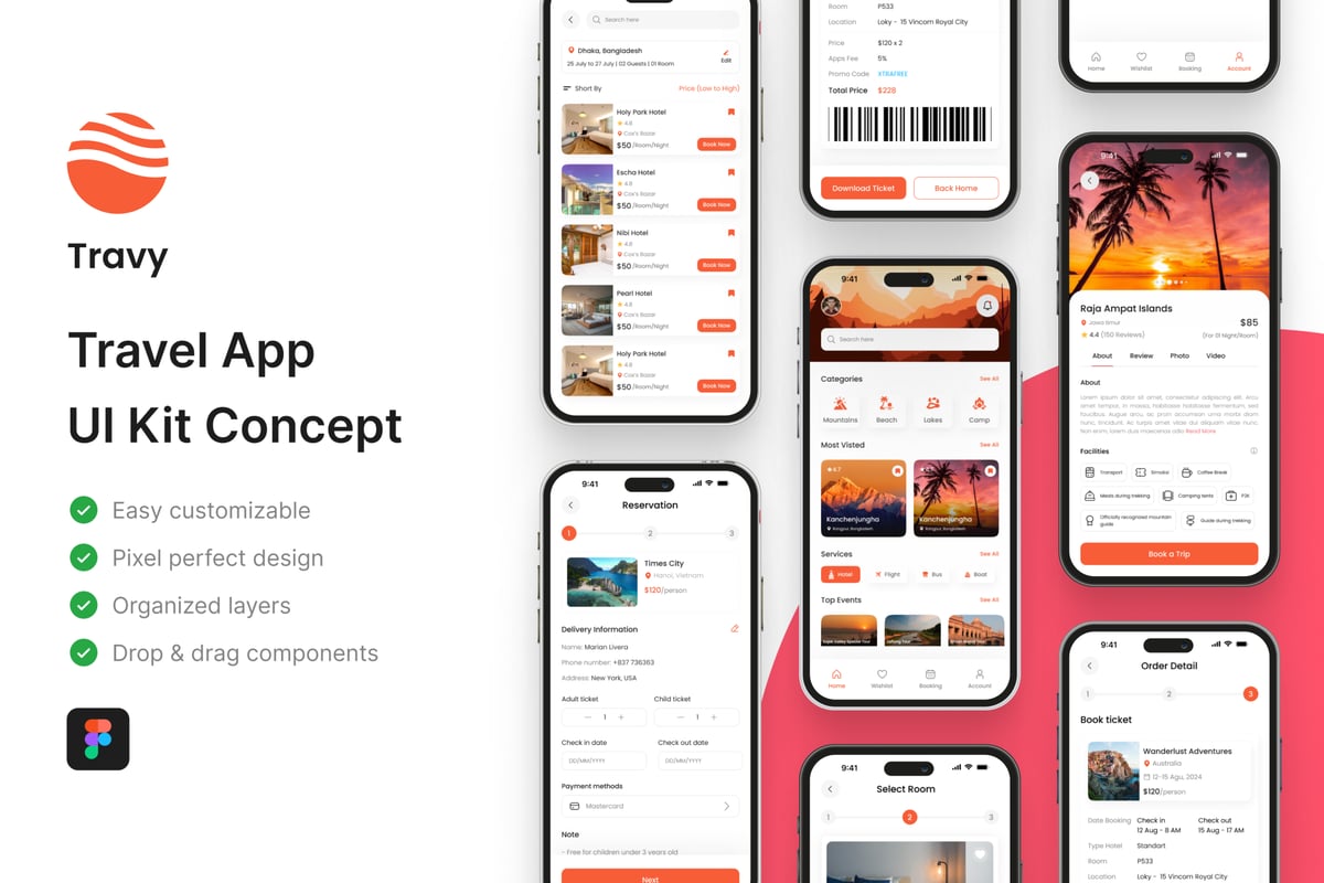 旅行移动应用程序 UI 套件 Travy - Travel Mobile App UI Kit