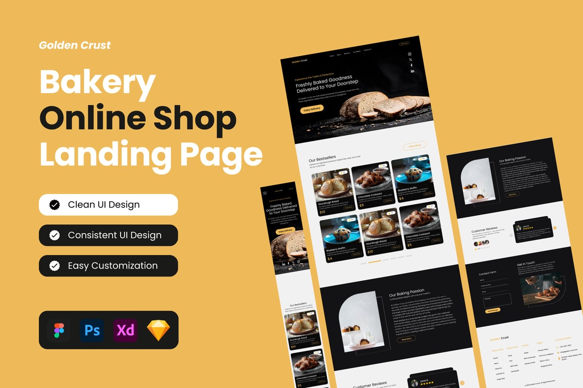 面包店网上商店登陆页面设计模板 Golden Crust - Bakery Online Shop Landing Page