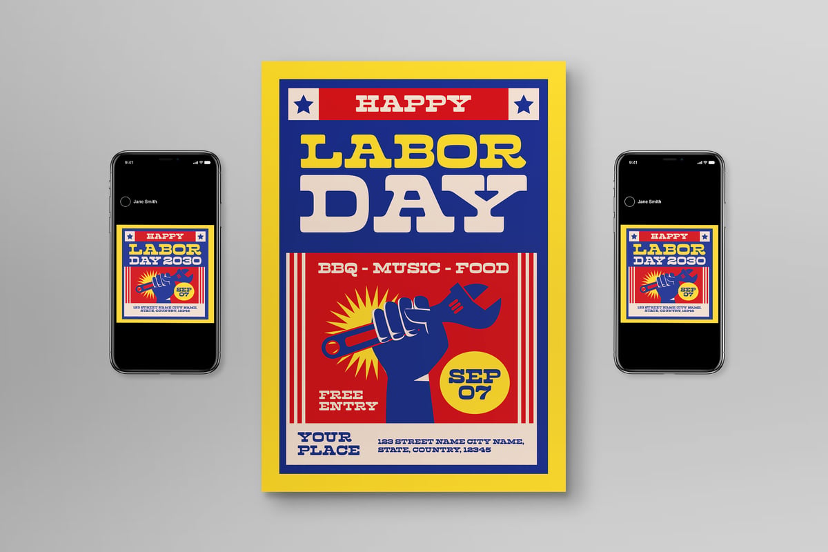 蓝色和黄色劳动节传单海报 Blue And Yellow Labor Day Flyer