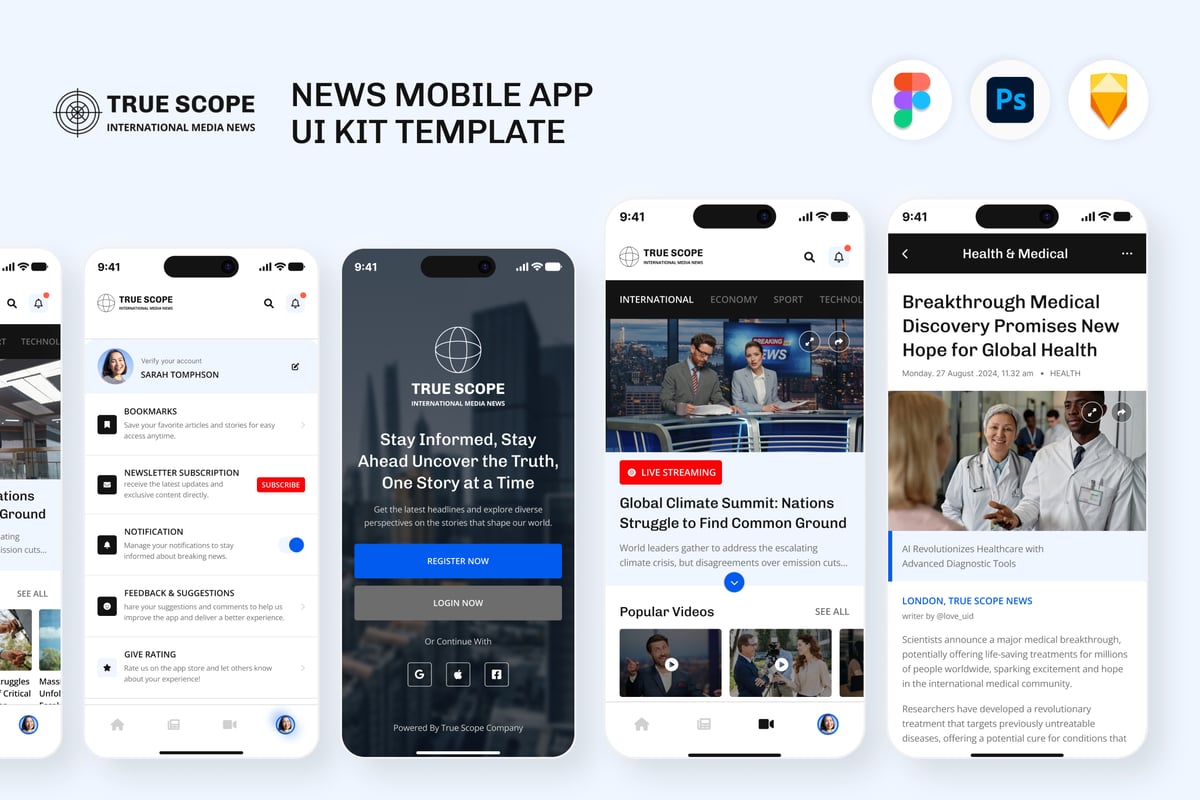新闻移动应用 APP UI KIT (FIG,PSD,SKETCH)