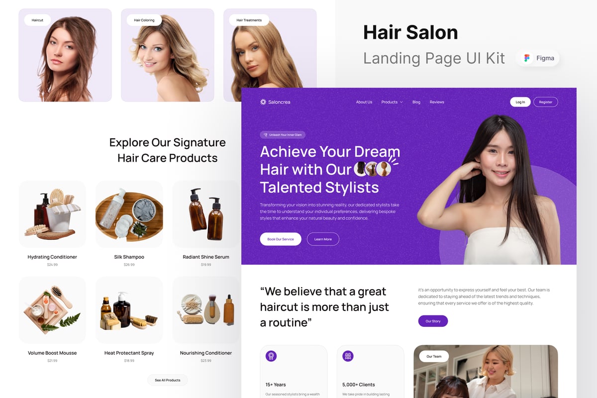 美发沙龙网站登陆页面UI设计模板 Saloncrea - Hair Salon Landing Page