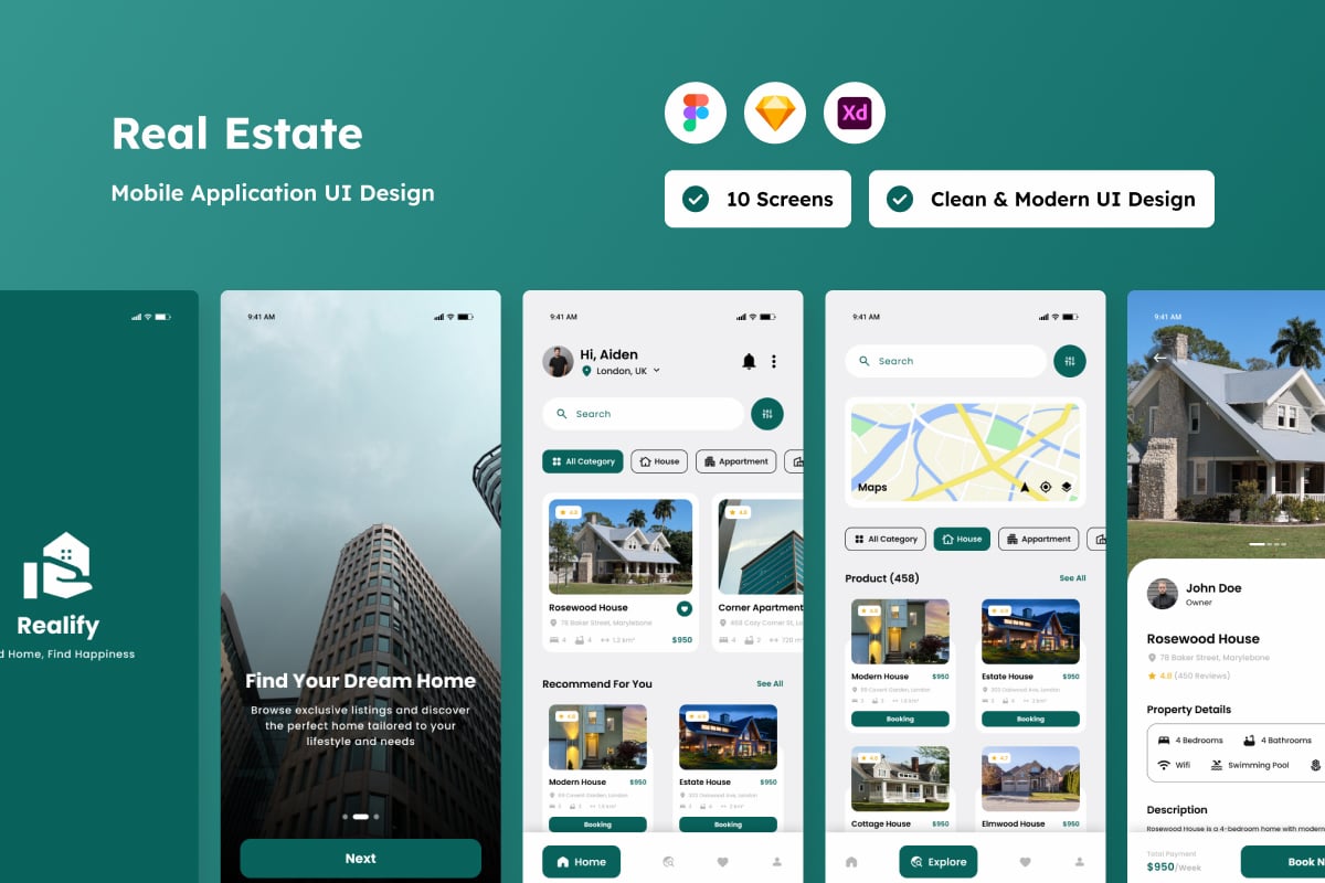 房地产移动应用程序APP设计模板 Realify - Real Estate Mobile App