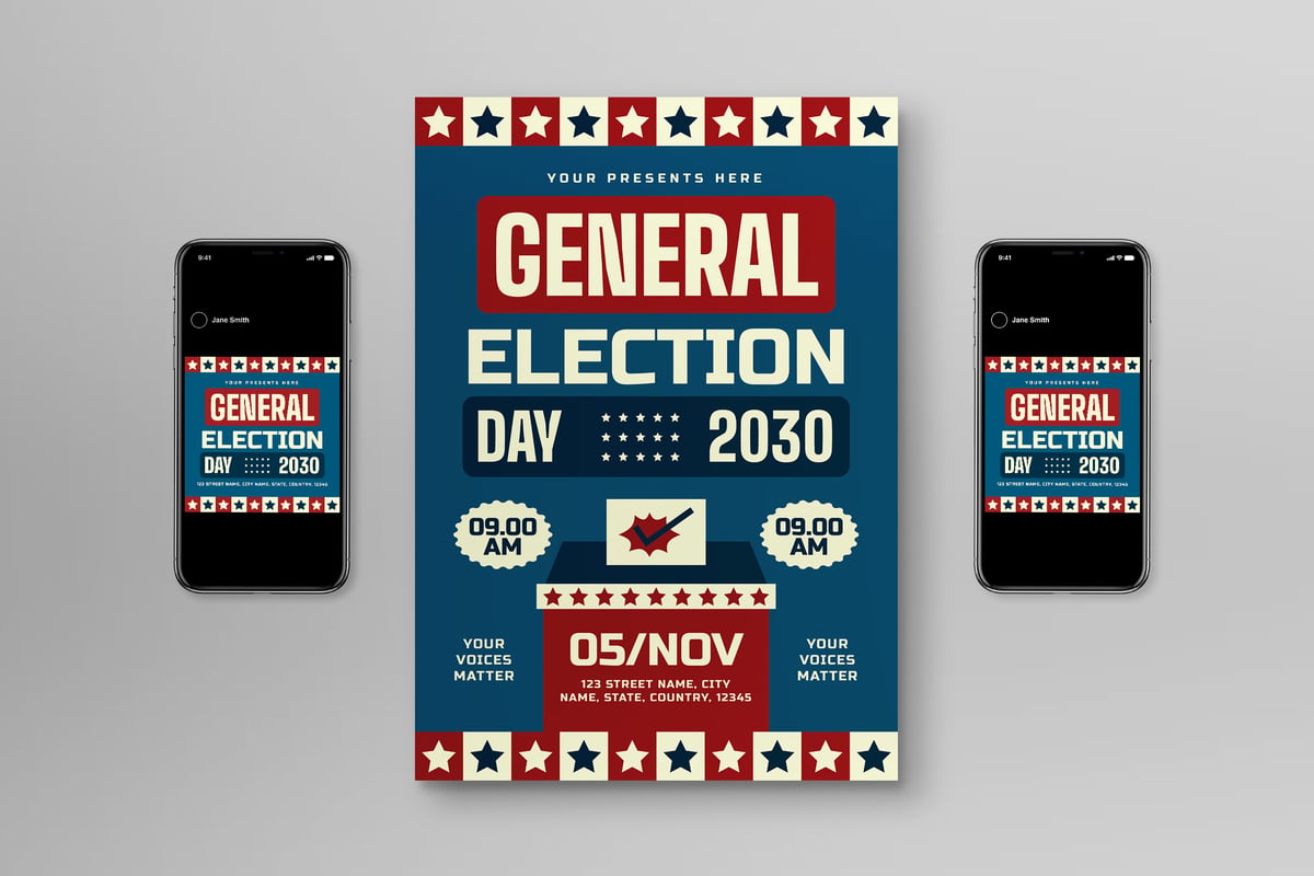 蓝色平面复古选举日传单海报 Blue Flat Retro Election Day Flyer