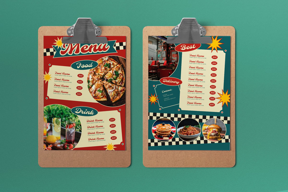 红色复古1970 年代食物菜单模板 Red Retro 1970s Food Menu
