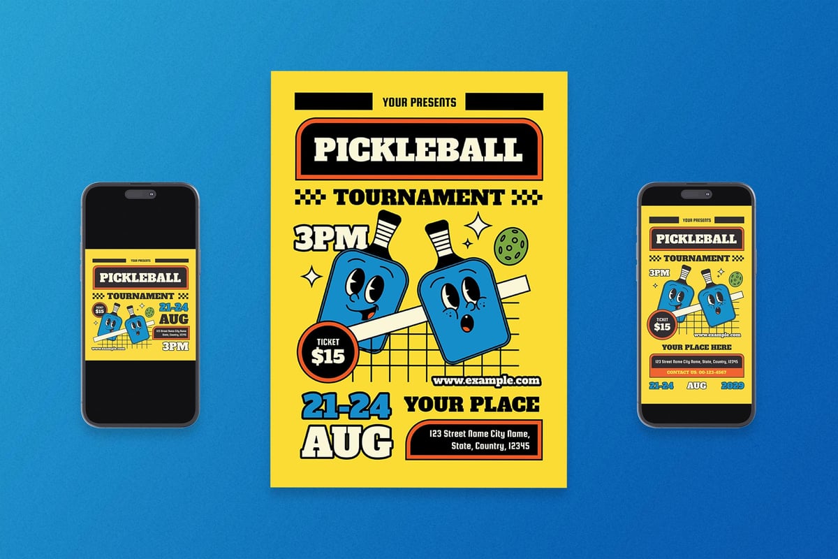 卡通匹克球锦标赛传单海报 Cartoon Pickleball Tournament Flyer Set