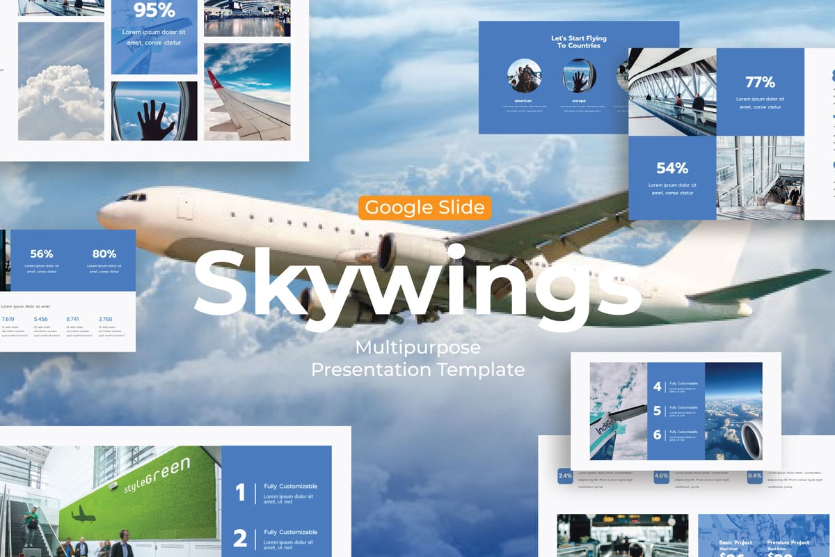 航空业趋势Google幻灯片模板素材 Skywings - Google Slide Template