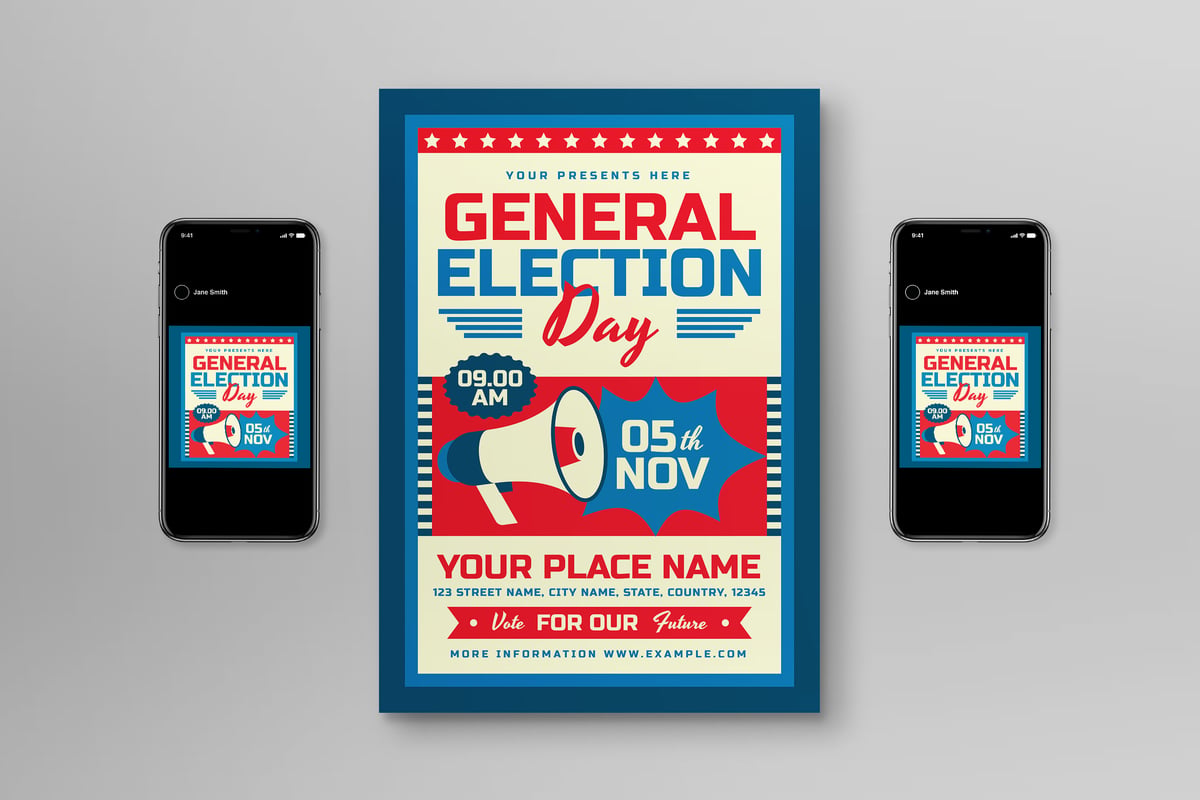 蓝色复古大选日传单海报 Blue Retro General Election Day Flyer