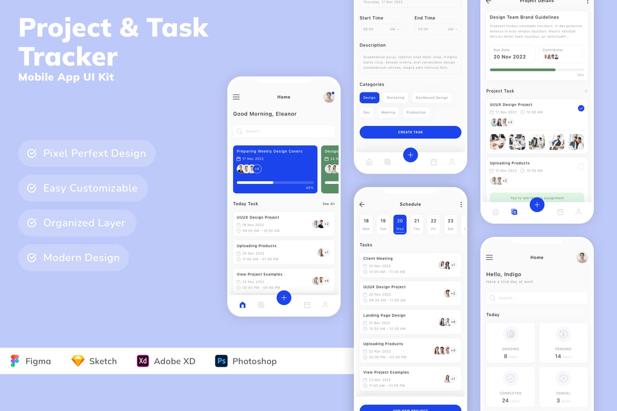 项目和任务跟踪器移动应用 APP UI KIT (SKETCH,FIG,XD,PSD)