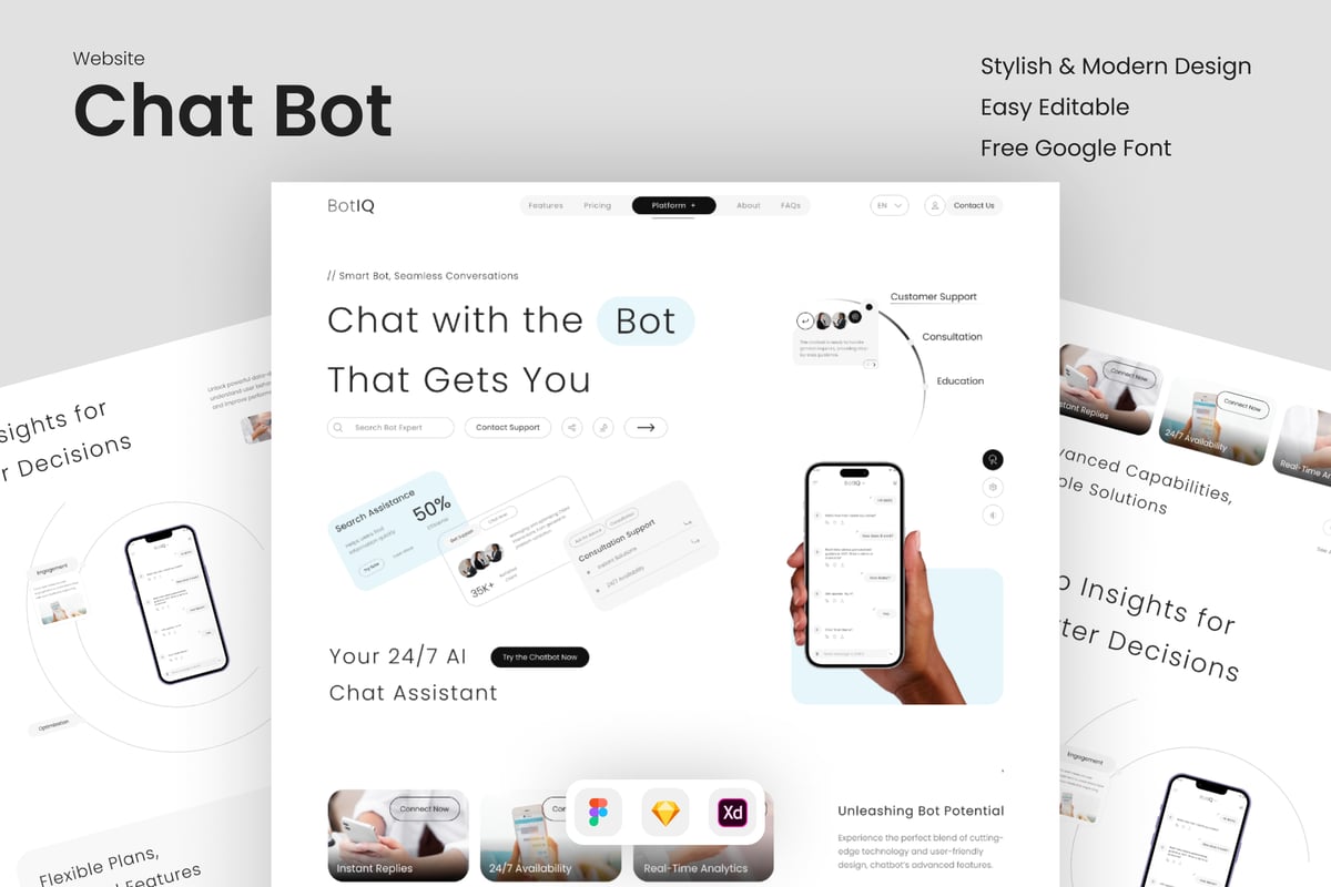 聊天机器人登陆页面UI模板 BotIQ - Chat Bot Landing Page