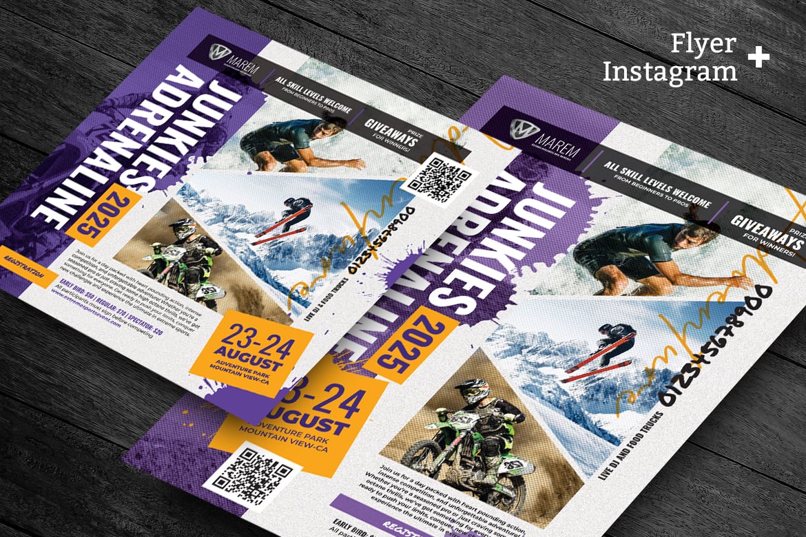 极限运动海报传单和社交媒体贴图模板 Extreme Sports Flyer and Social Media