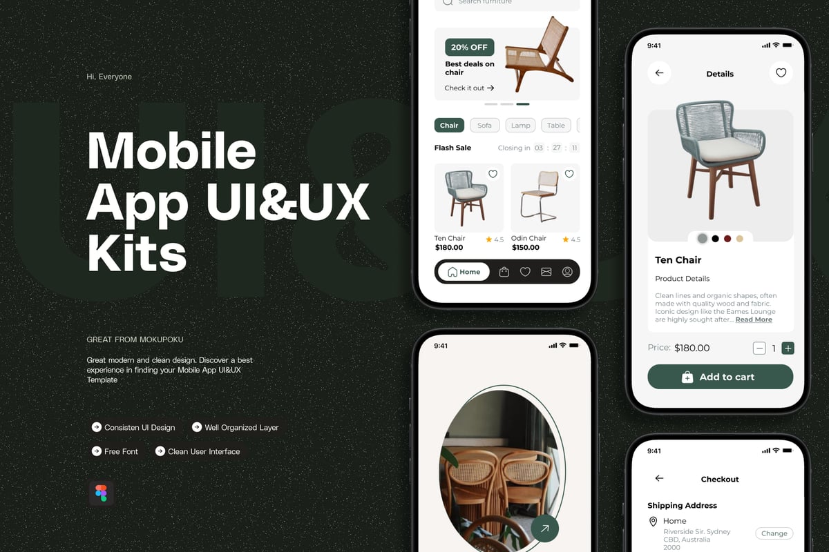 极简家具移动应用 UI UX套件 Minimalist Furniture - Mobile App UI&UX