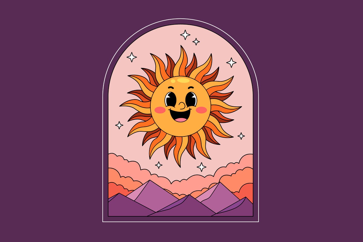 卡通太阳与山徽章矢量插画 Cartoon sun with mountain badge vector