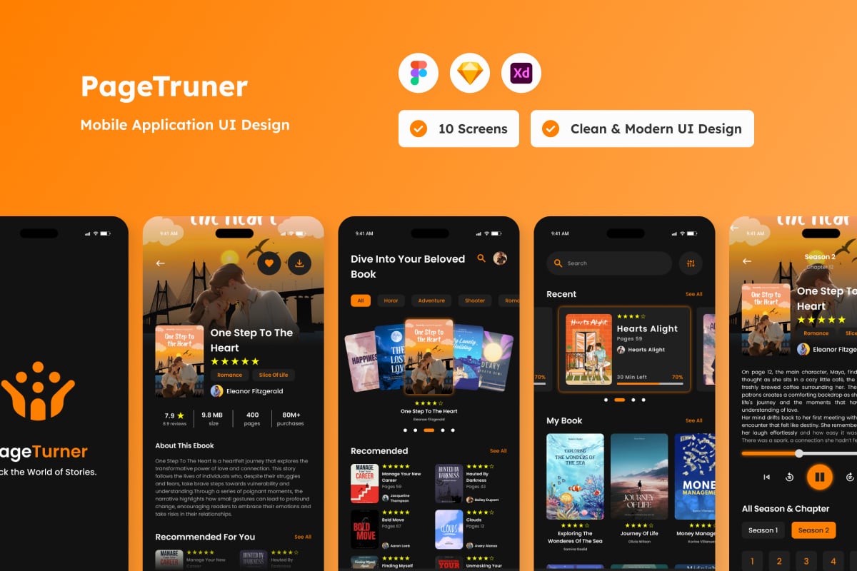 电子书移动应用程序APP设计模板 PageTurner - Ebook Mobile App