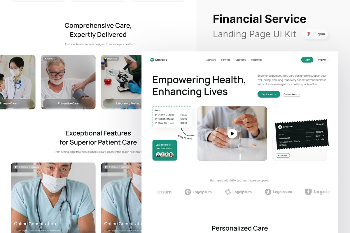 医疗保健网站登陆页面UI设计模板 Creacare - Healthcare Landing Page