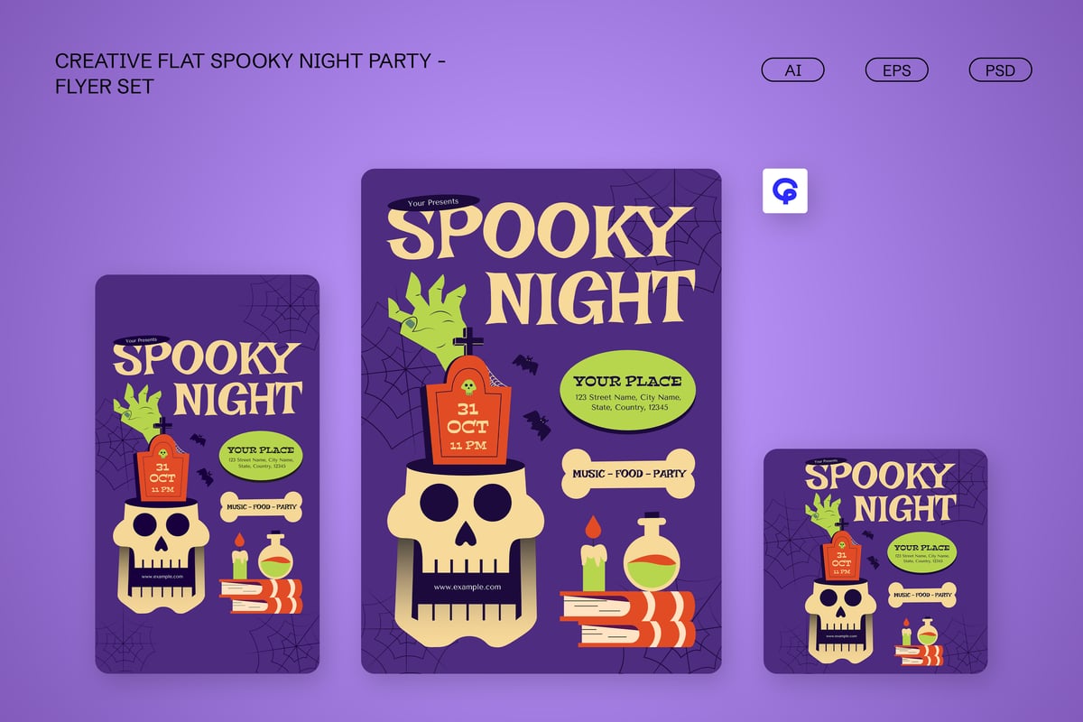 现代平面幽灵之夜派对海报传单套装 Modern Flat Spooky Night Party Flyer Set 004